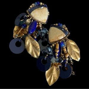 Vintage Chipita Clip Earrings Natural Stone and Glass Beads Blue And Tan